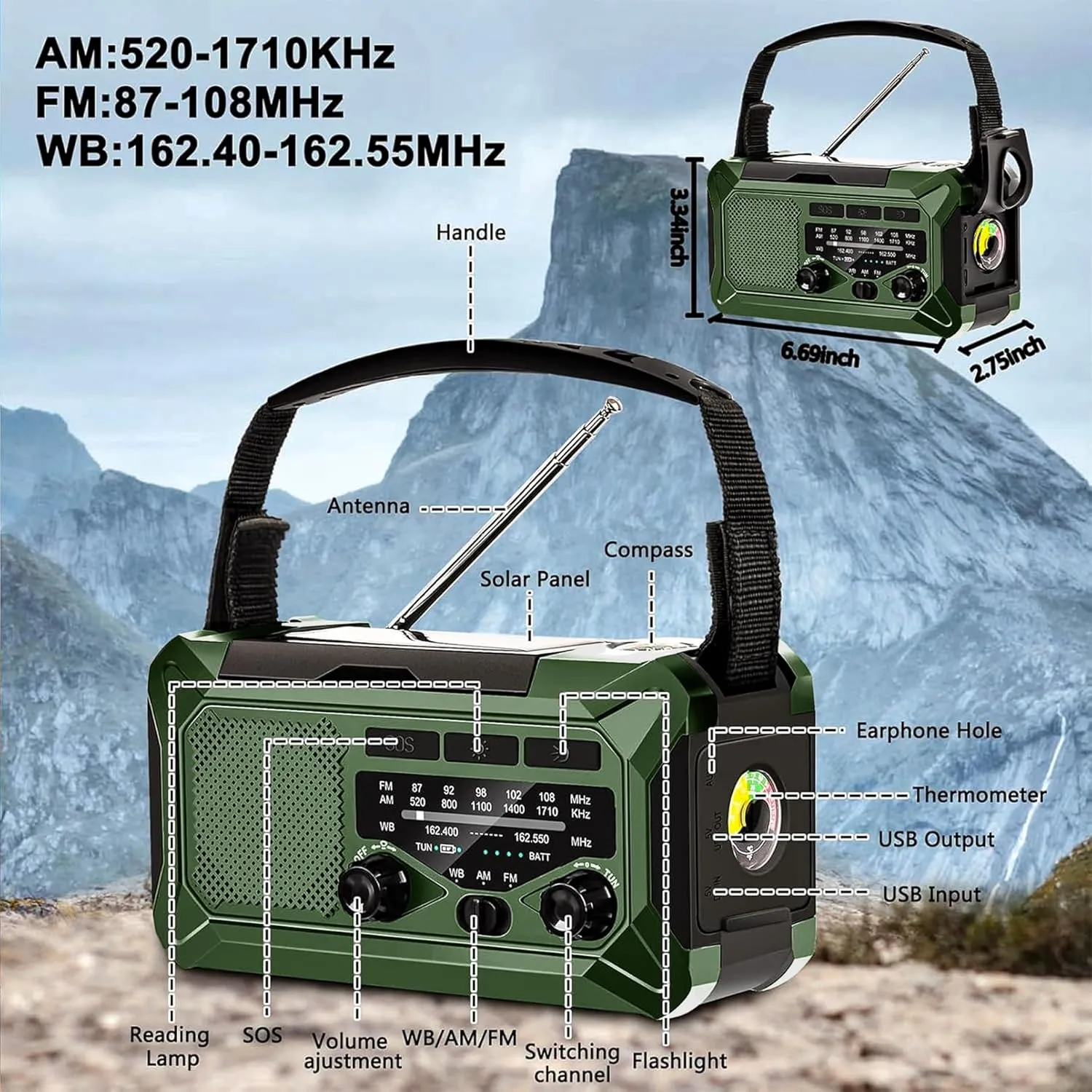 10000mAh Emergency Radio,Multi-Function AM/FM/NOAA Weather Radio,Hand Crank,USB Cable 3 Charging Methods,SOS Alarm,Flashlight,Phone Charger,Compass,Reading Lamp(Dark Green)