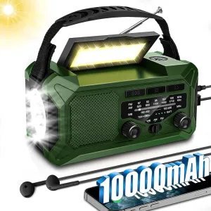 10000mAh Emergency Radio,Multi-Function AM/FM/NOAA Weather Radio,Hand Crank,USB Cable 3 Charging Methods,SOS Alarm,Flashlight,Phone Charger,Compass,Reading Lamp(Dark Green)