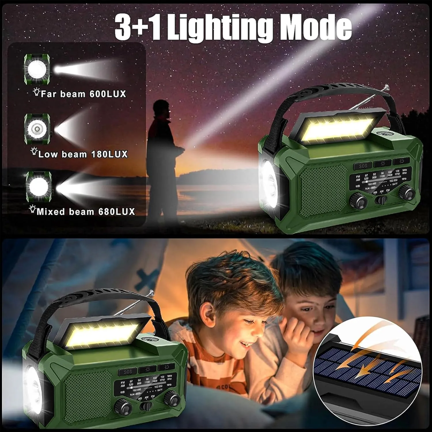 10000mAh Emergency Radio,Multi-Function AM/FM/NOAA Weather Radio,Hand Crank,USB Cable 3 Charging Methods,SOS Alarm,Flashlight,Phone Charger,Compass,Reading Lamp(Dark Green)