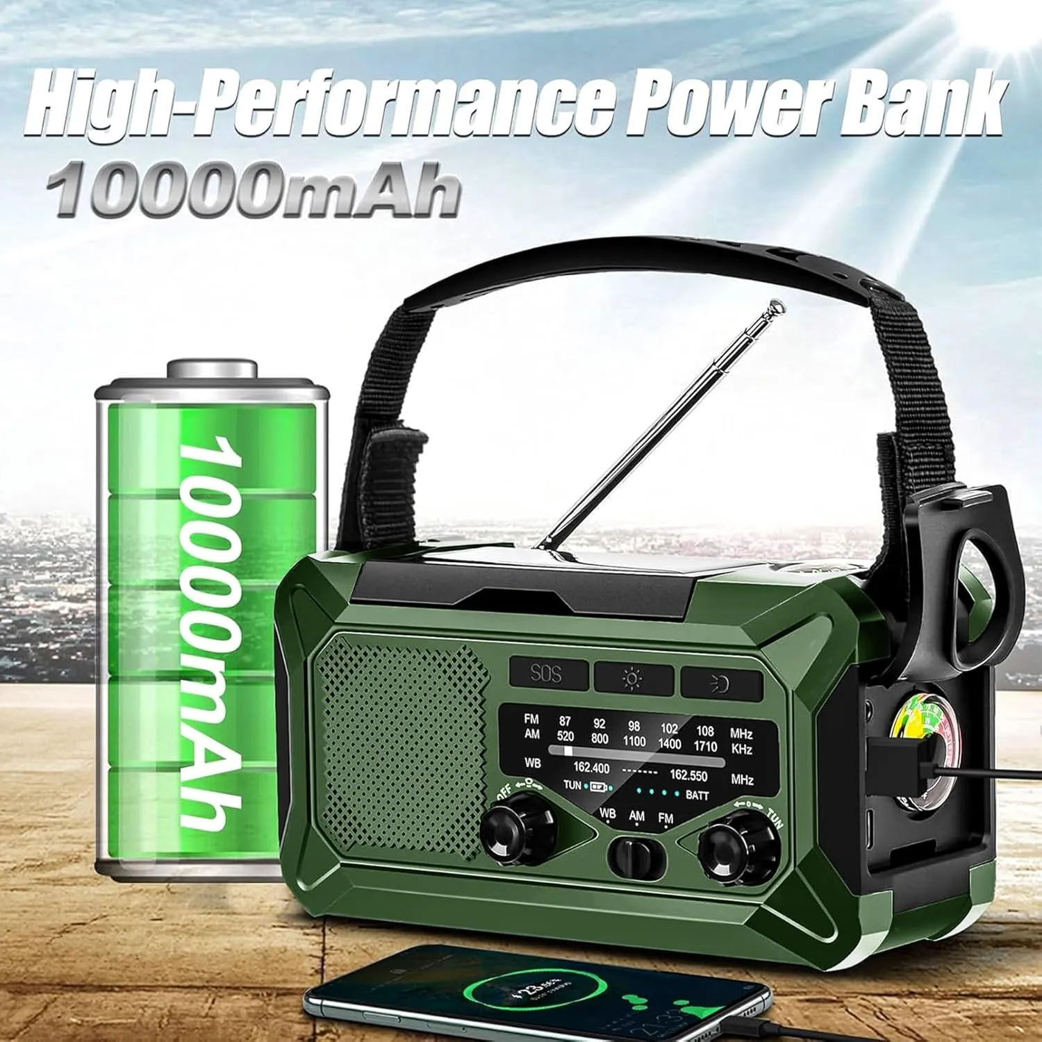 10000mAh Emergency Radio,Multi-Function AM/FM/NOAA Weather Radio,Hand Crank,USB Cable 3 Charging Methods,SOS Alarm,Flashlight,Phone Charger,Compass,Reading Lamp(Dark Green)