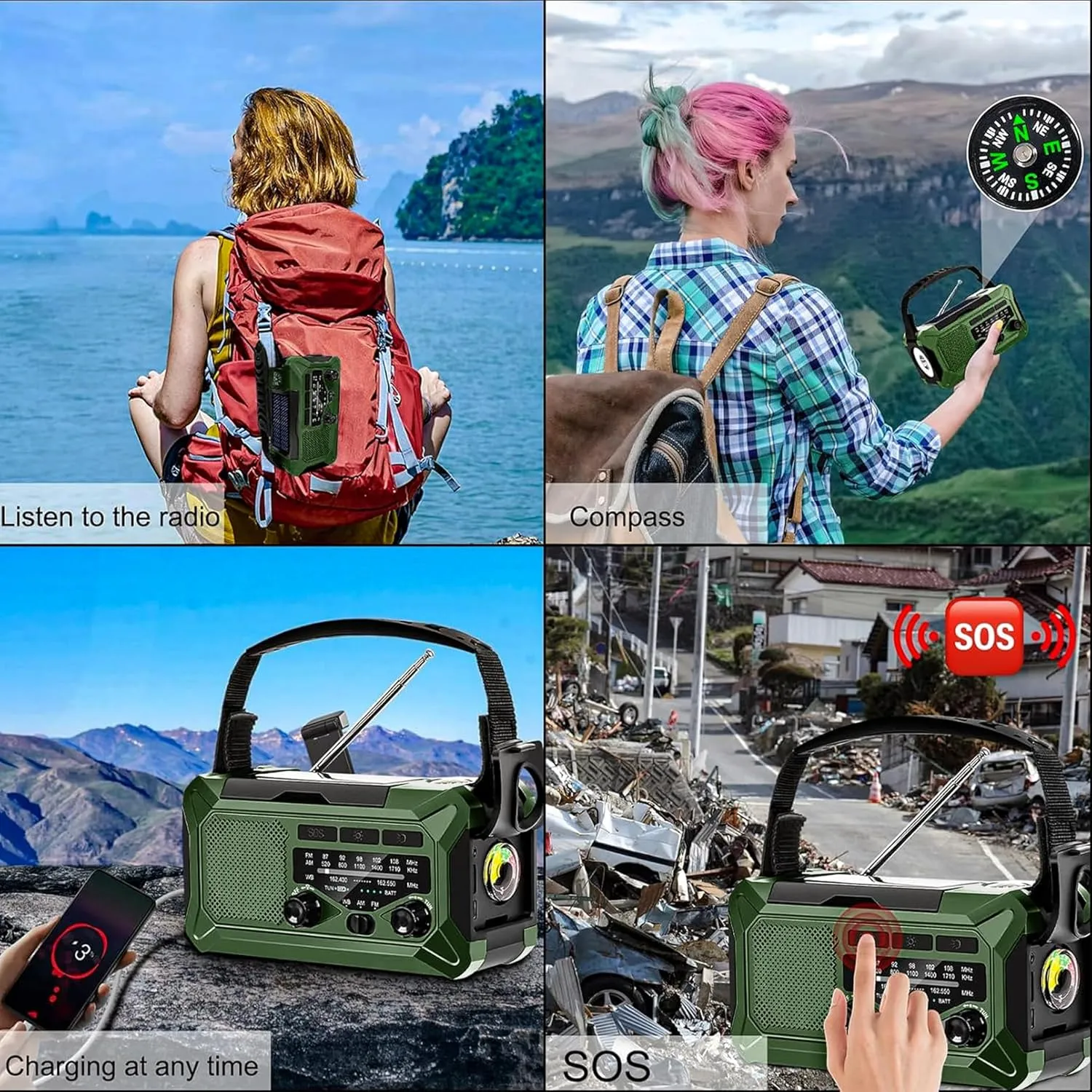 10000mAh Emergency Radio,Multi-Function AM/FM/NOAA Weather Radio,Hand Crank,USB Cable 3 Charging Methods,SOS Alarm,Flashlight,Phone Charger,Compass,Reading Lamp(Dark Green)