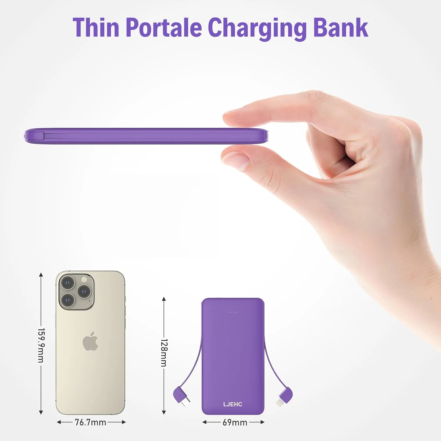 10000mAh Slim Power Bank with Built in Cable,Thin Lightweight Portable Charger,4 Output USB Type C Travel External Battery Pack Clutch Charger for iPhone, Samsung,Android,Heated Vest,etc