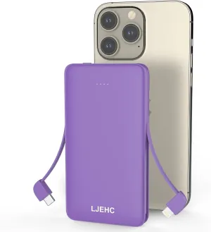 10000mAh Slim Power Bank with Built in Cable,Thin Lightweight Portable Charger,4 Output USB Type C Travel External Battery Pack Clutch Charger for iPhone, Samsung,Android,Heated Vest,etc