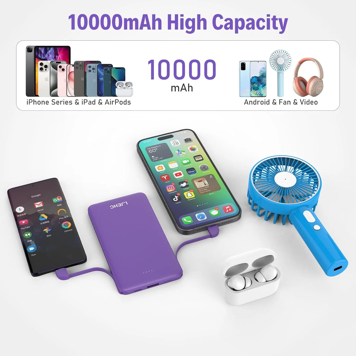 10000mAh Slim Power Bank with Built in Cable,Thin Lightweight Portable Charger,4 Output USB Type C Travel External Battery Pack Clutch Charger for iPhone, Samsung,Android,Heated Vest,etc