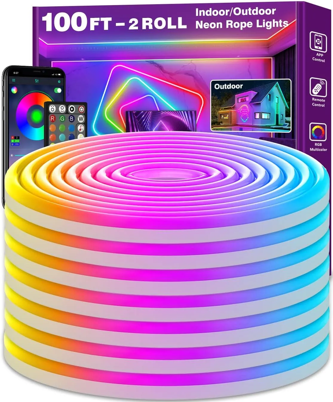 100Ft Neon Rope Lights,Flexible Led Rope Lights Control with App/Remote,Multiple Modes Rope Lights,IP65 Outdoor RGB Led Neon Lights Waterproof,Music Sync Gaming Led Neon Light Strip for Bedroom Decor