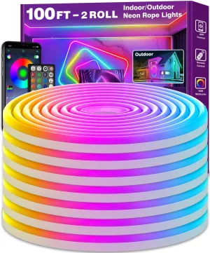 100Ft Neon Rope Lights,Flexible Led Rope Lights Control with App/Remote,Multiple Modes Rope Lights,IP65 Outdoor RGB Led Neon Lights Waterproof,Music Sync Gaming Led Neon Light Strip for Bedroom Decor