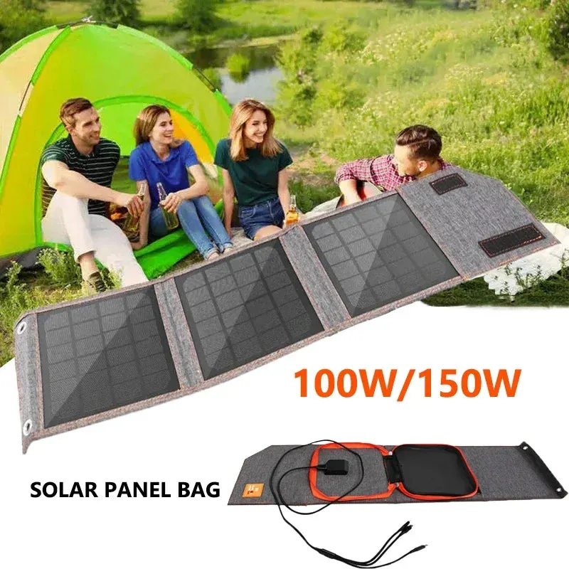 100W/150W Folding Solar Panel USB 5V Solar Charger | Portable Solar Cell Outdoor Phone Power Bank for Camping and Hiking with Cable