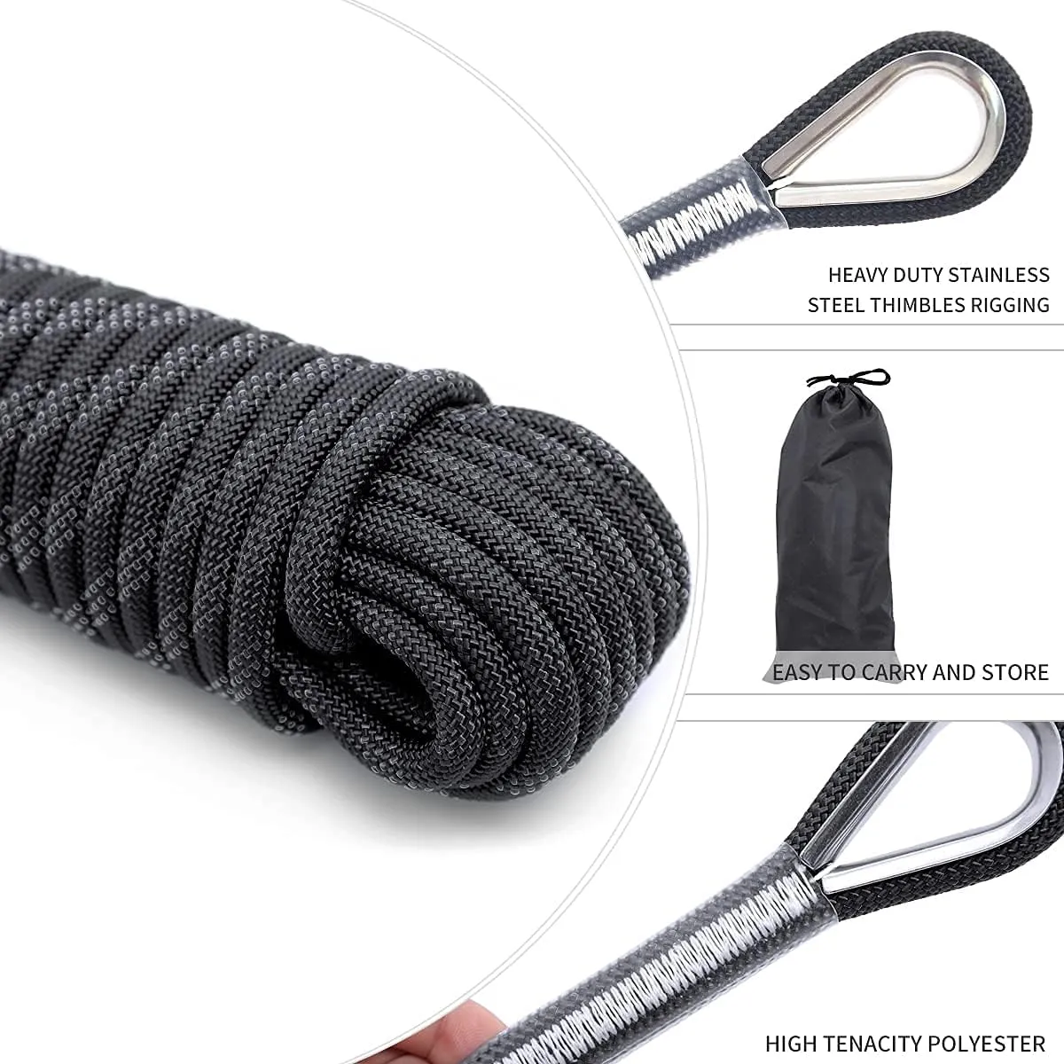 10mm/12mm Climbing Rope, Outdoor Static Rock Climbing Rope, Tree Climbing Rappelling Rope, Escape Nylon Rope, Ice Climbing Equipment Fire Rescue Parachute Rope with 2 Steel Hooks