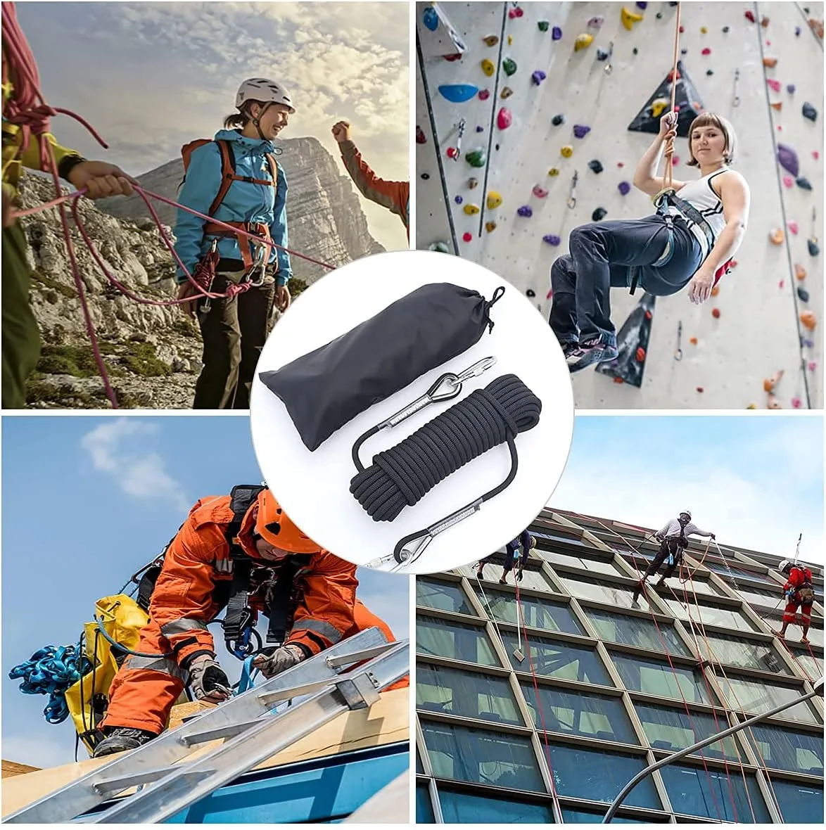 10mm/12mm Climbing Rope, Outdoor Static Rock Climbing Rope, Tree Climbing Rappelling Rope, Escape Nylon Rope, Ice Climbing Equipment Fire Rescue Parachute Rope with 2 Steel Hooks