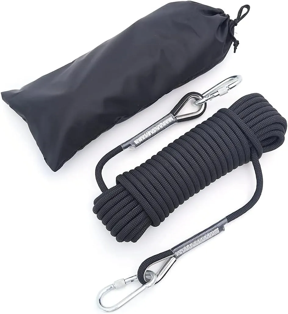 10mm/12mm Climbing Rope, Outdoor Static Rock Climbing Rope, Tree Climbing Rappelling Rope, Escape Nylon Rope, Ice Climbing Equipment Fire Rescue Parachute Rope with 2 Steel Hooks