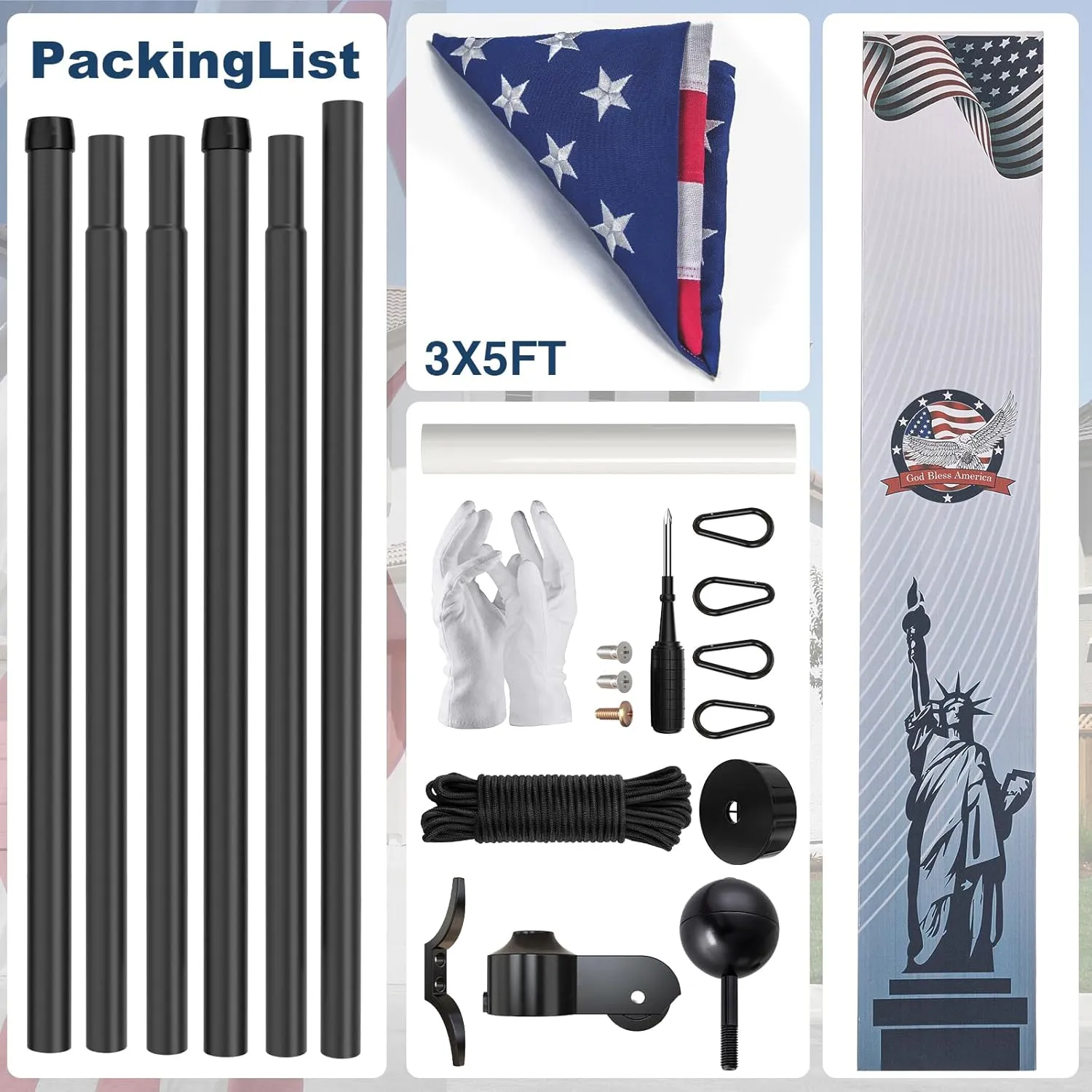 11 Gauge Heavy Duty Flag Pole with Thickened Aluminum Ball - 25 FT Black Extra Thick Aluminum Flagpole Kit with 3x5 Nylon Embroidered Flag for Outside House In Ground - 120MPH Wind Tested