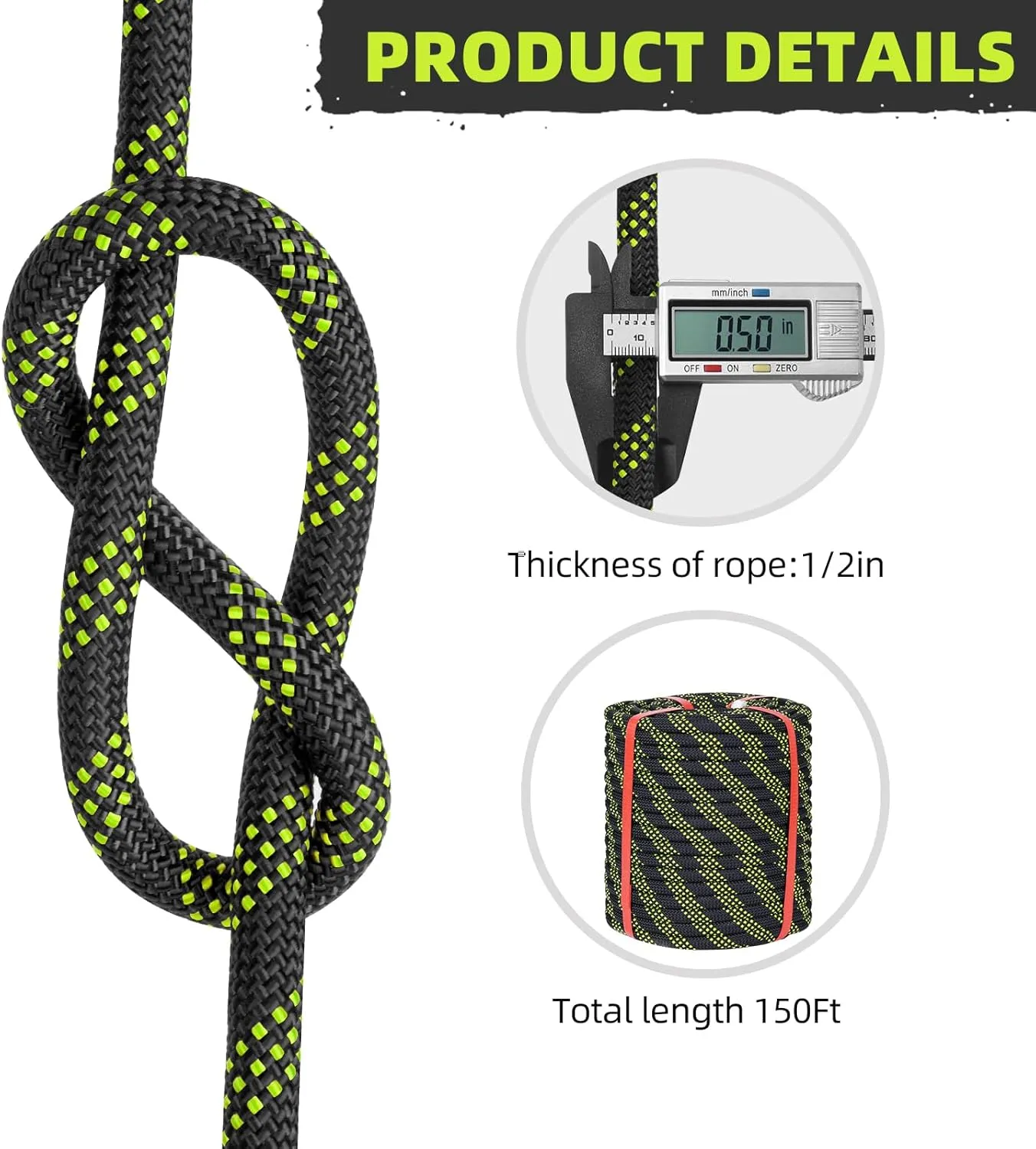 1/2 Inch Black Climbing Rope - 150 Ft, 48 Strands, Tree & Rappelling, Static Nylon Polyester Braided, Bull Rope for Tree Pulling, Nautical Rigging Rope Swing