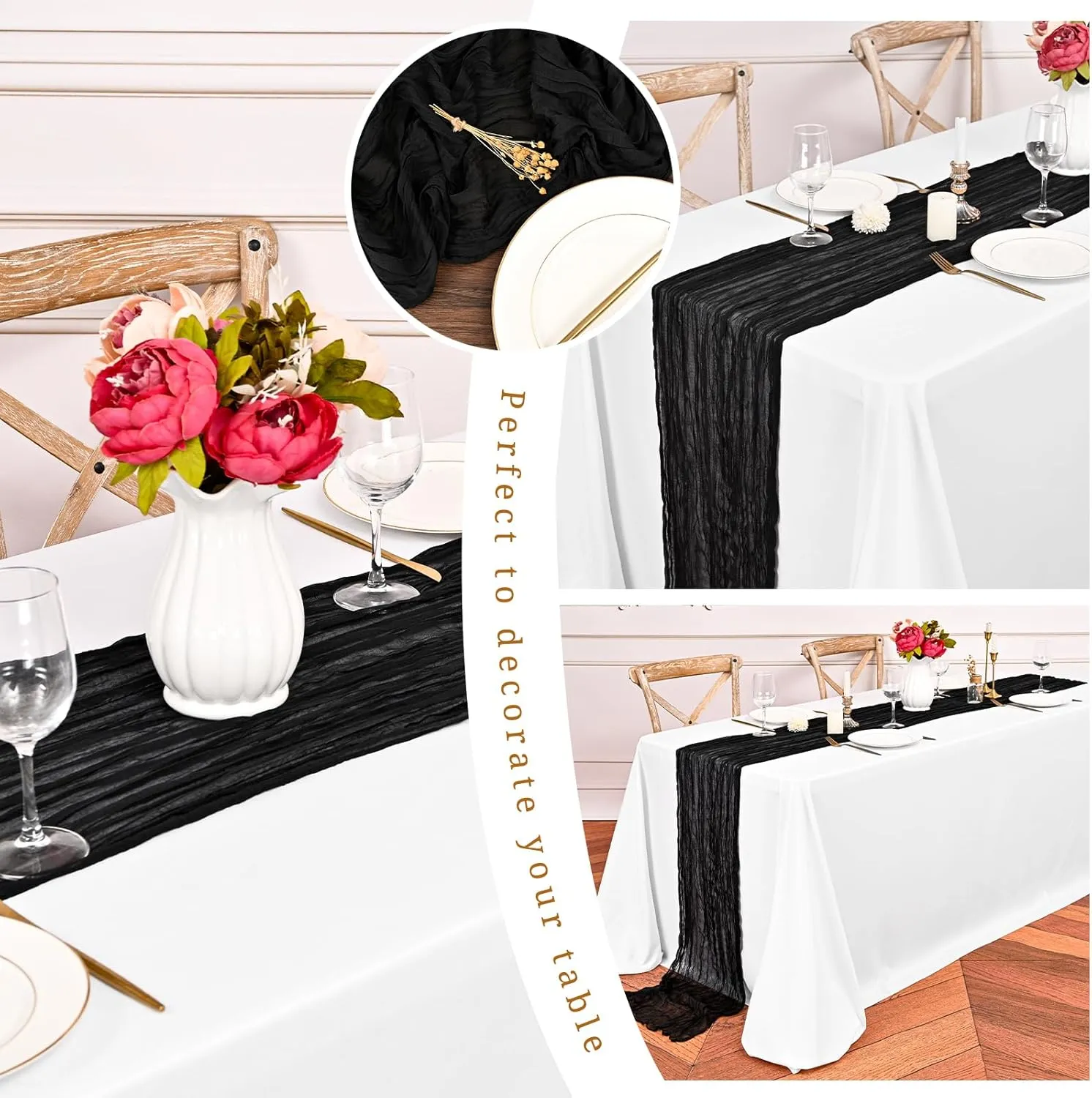 12 Pack Black Cheesecloth Table Runner 10FT Cheese Cloths for Wedding Decor, 20x120inch Rustic Boho Gauze Table Runners for Wedding Party Bridal Shower Table Decoration