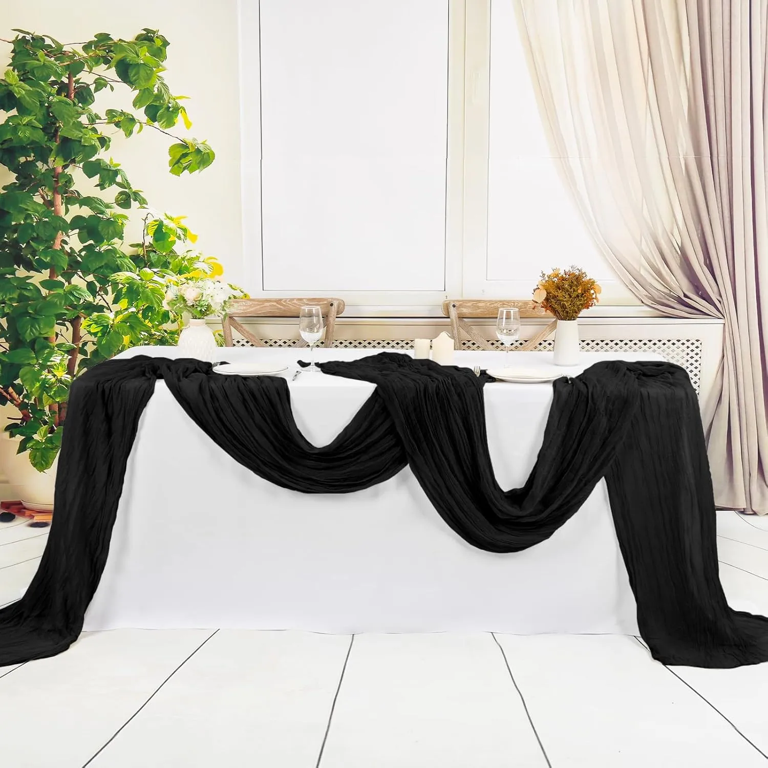 12 Pack Black Cheesecloth Table Runner 10FT Cheese Cloths for Wedding Decor, 20x120inch Rustic Boho Gauze Table Runners for Wedding Party Bridal Shower Table Decoration