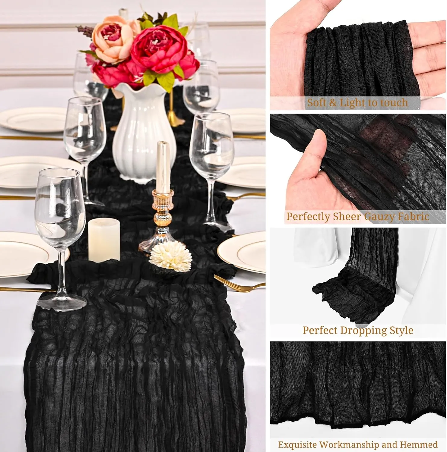 12 Pack Black Cheesecloth Table Runner 10FT Cheese Cloths for Wedding Decor, 20x120inch Rustic Boho Gauze Table Runners for Wedding Party Bridal Shower Table Decoration