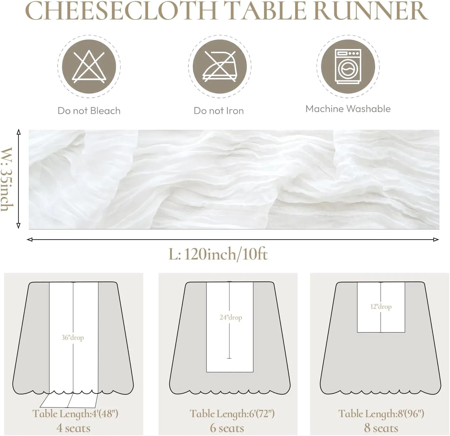 12 Pack White Cheesecloth Table Runner 10ft Gauze Runner Boho Ivory Cheese Cloth Table Runner for Wedding Bridal Shower Baby Shower Boho Table Decoration