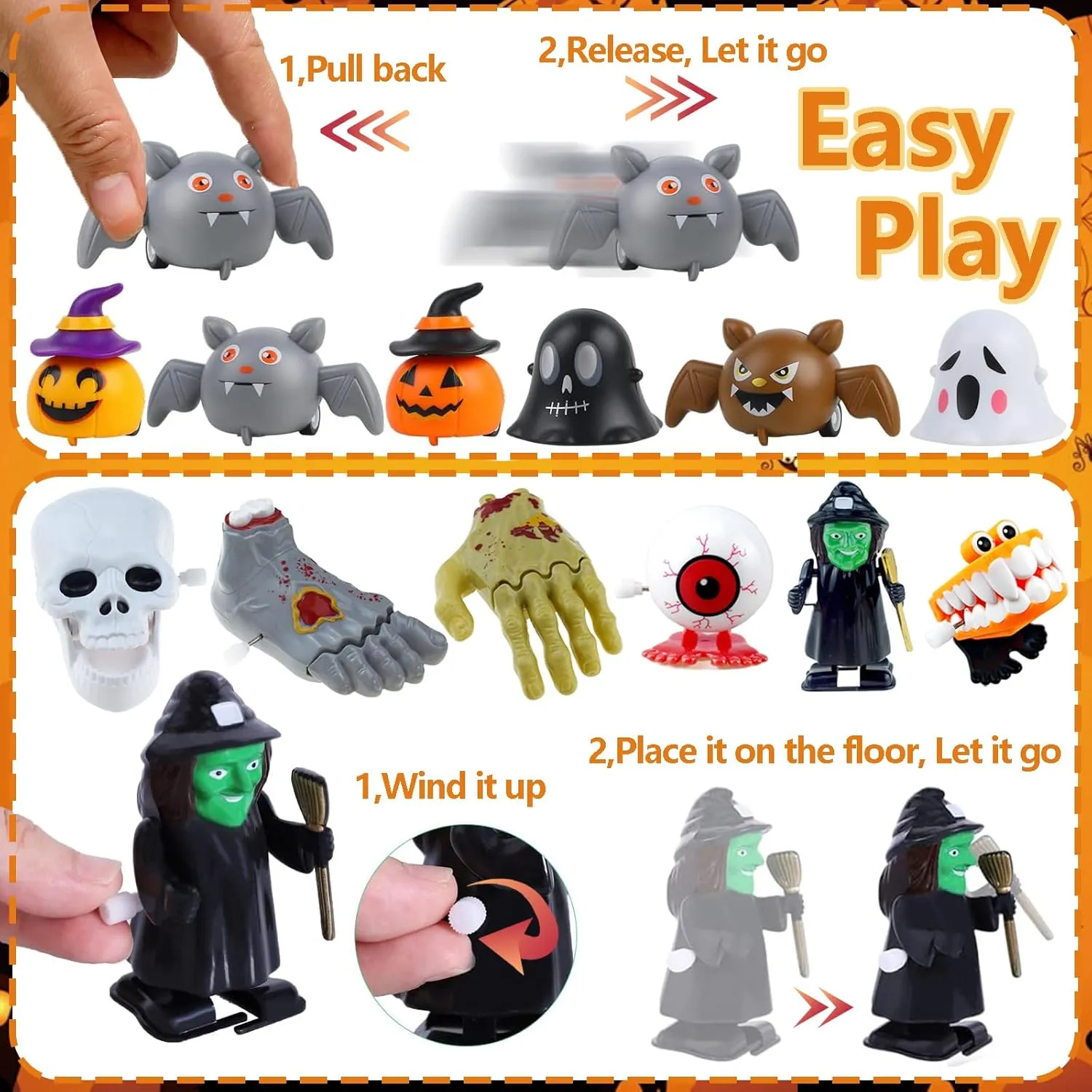 12pcs Halloween Toys for Party Favors Wind Up Toys Assortment for Kids, Pull Back Cars for Treat Bag Stuffers Goody Bag Filler Halloween Treats Prizes