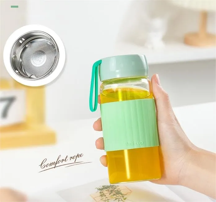 13oz/380ml small glass water bottle with leak-proof Lid,Anti-slip silicone sleeve, Lightweight and portable drinking cup,tea infuser and Silicone strap(Green, 13oz)
