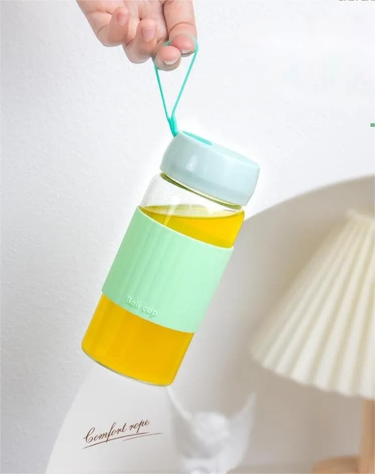 13oz/380ml small glass water bottle with leak-proof Lid,Anti-slip silicone sleeve, Lightweight and portable drinking cup,tea infuser and Silicone strap(Green, 13oz)