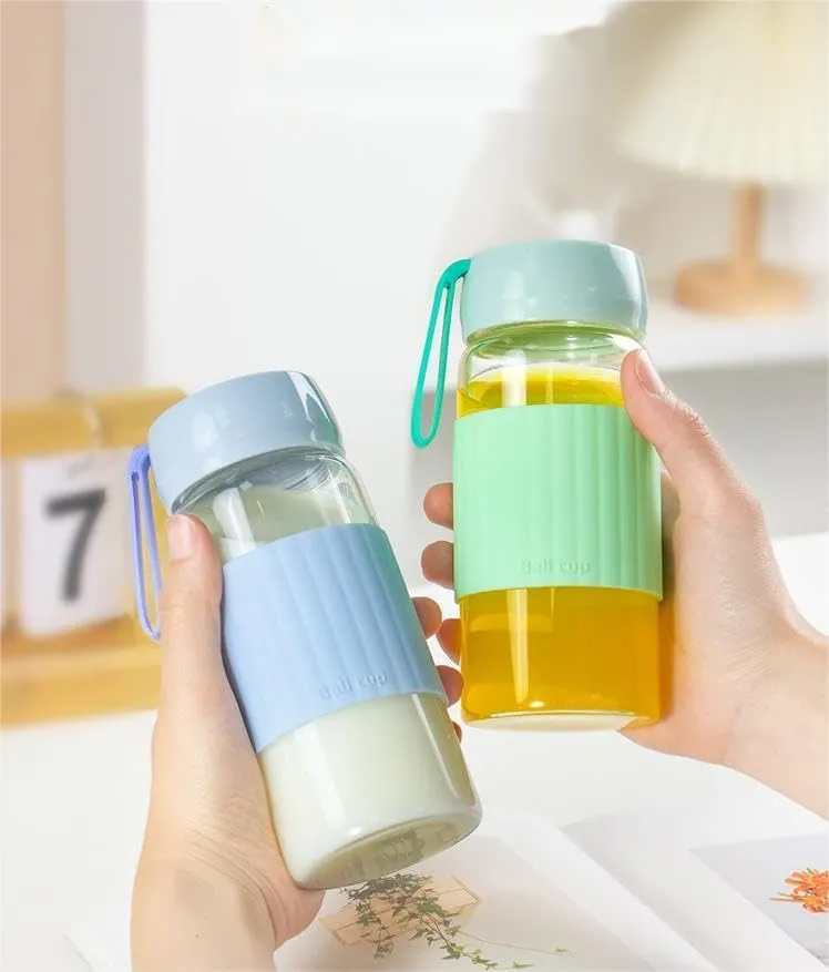 13oz/380ml small glass water bottle with leak-proof Lid,Anti-slip silicone sleeve, Lightweight and portable drinking cup,tea infuser and Silicone strap(Green, 13oz)
