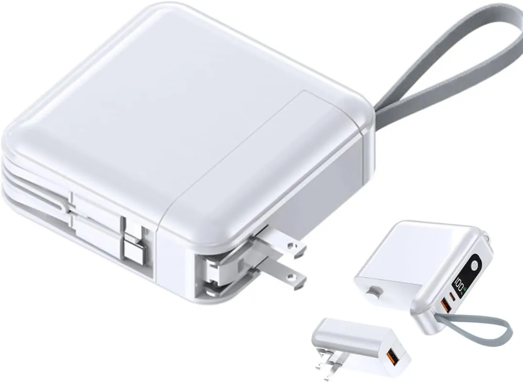 15000mAh Portable Charger with Built-in Cables & AC Wall Plug 4 Output LED Display External Battery Pack 22.5W Fast Charging USB-C Power Bank Compatible with iPhone15/14/13/12/Pro Max Android(White)