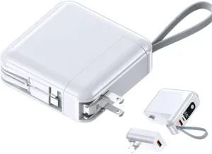 15000mAh Portable Charger with Built-in Cables & AC Wall Plug 4 Output LED Display External Battery Pack 22.5W Fast Charging USB-C Power Bank Compatible with iPhone15/14/13/12/Pro Max Android(White)