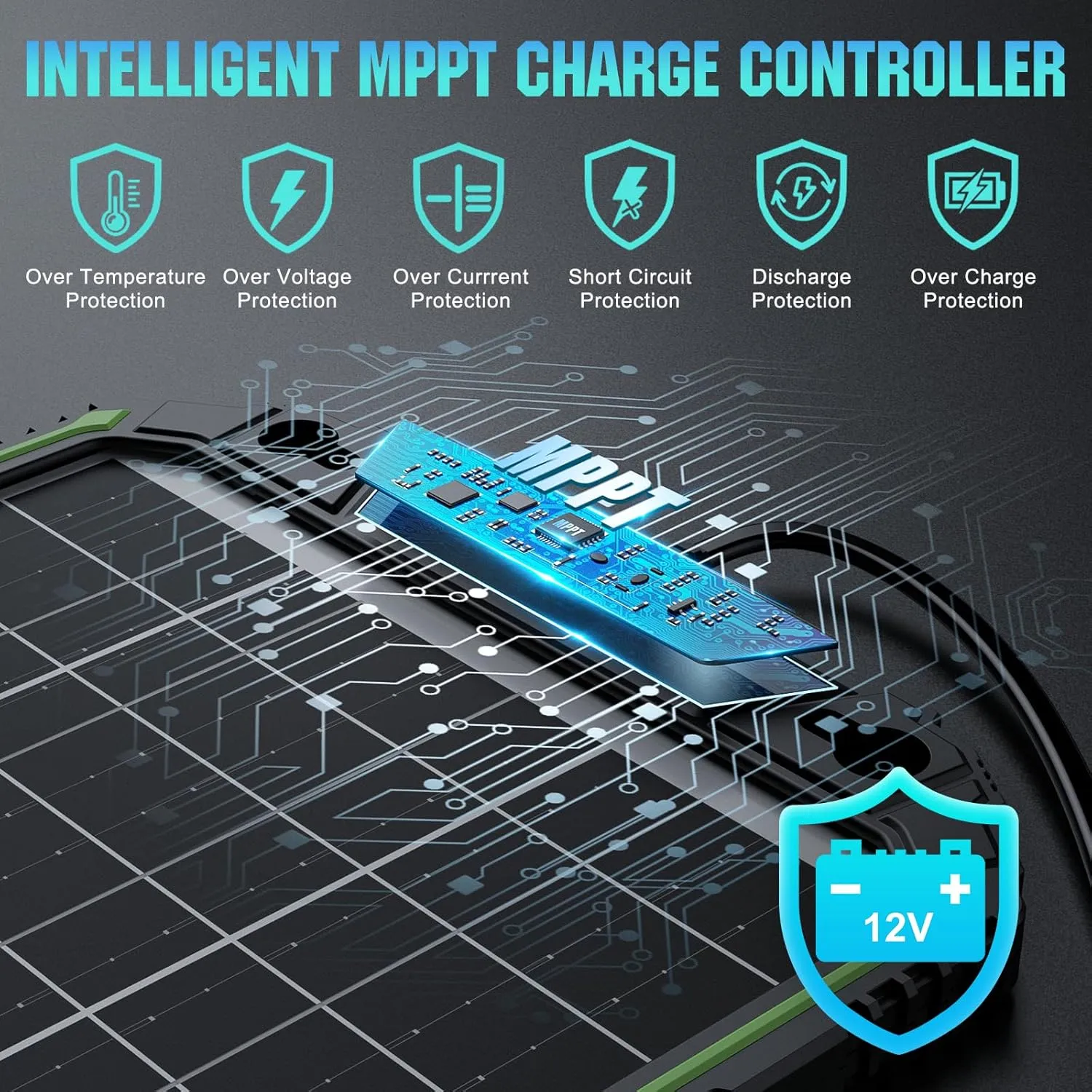 15W 12V Solar Battery Charger Maintainer PRO, Built-in Smart MPPT Charge Controller, Waterproof 12 Volt Solar Panel Trickle Charging Kits for Car Auto Boat RV Marine Trailer Camper