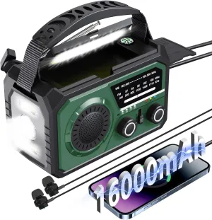 16000mAh Emergency Weather Radio - Hand Crank Solar Powered AM/FM/NOAA Radio with 3 Charging Methods, SOS Alarm & 3 Mode Flashlight Phone Charger