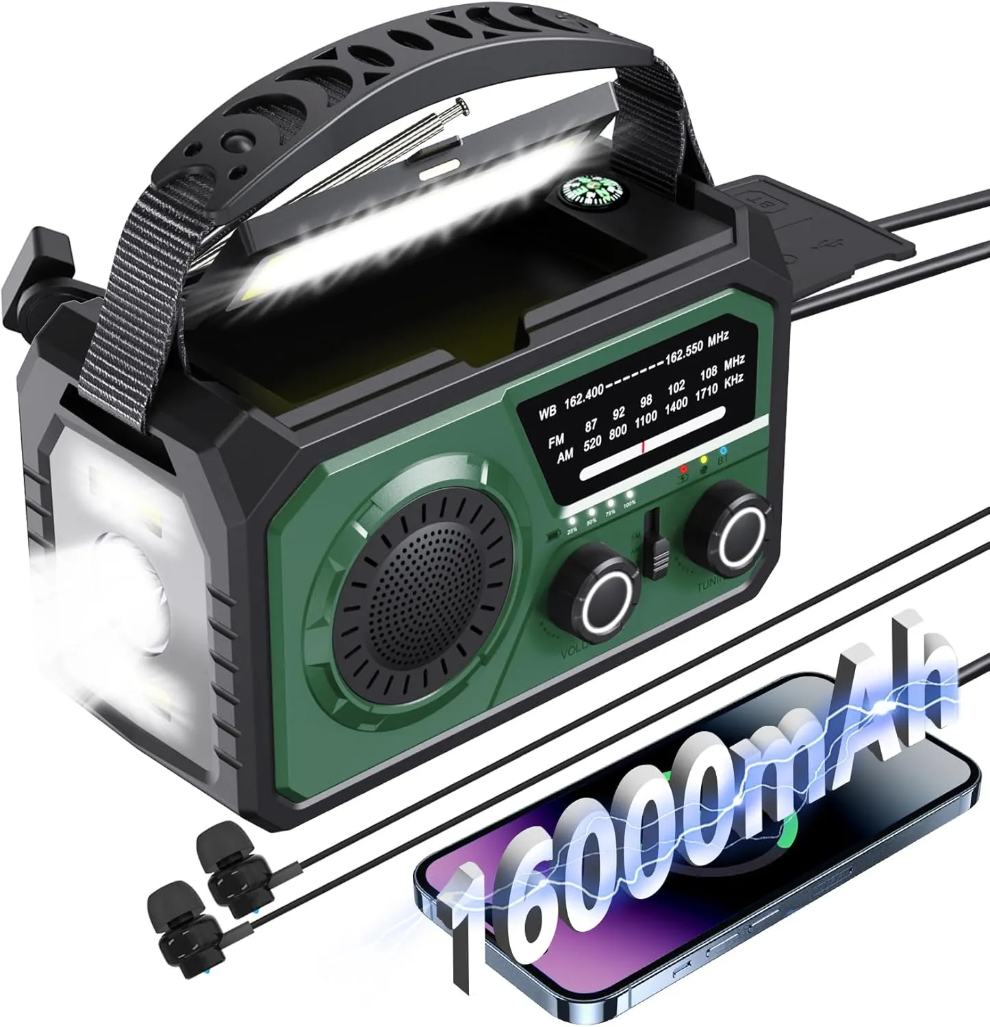 16000mAh Emergency Weather Radio - Hand Crank Solar Powered AM/FM/NOAA Radio with 3 Charging Methods, SOS Alarm & 3 Mode Flashlight Phone Charger