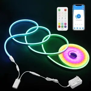 16.4FT Neon Rope Light Smart Neon Light Strip RGB IC Addressable LED Light Strip Indoor with Remote APP Control Music Sync Color Chasing Waterproof Neon Strip for Outdoor Party Room Decor 24V