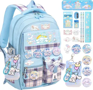 16.5IN Backpack for Girls with 24Pcs Kawaii Accessories, Anime Anti-Theft Schoolbag for Students Aged Between 4-8 Years Old, New Semester Presents with Pins and Card Holder