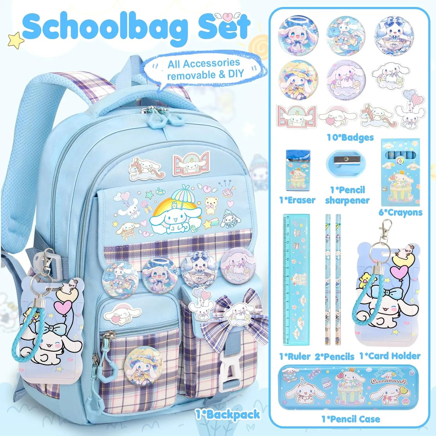 16.5IN Backpack for Girls with 24Pcs Kawaii Accessories, Anime Anti-Theft Schoolbag for Students Aged Between 4-8 Years Old, New Semester Presents with Pins and Card Holder