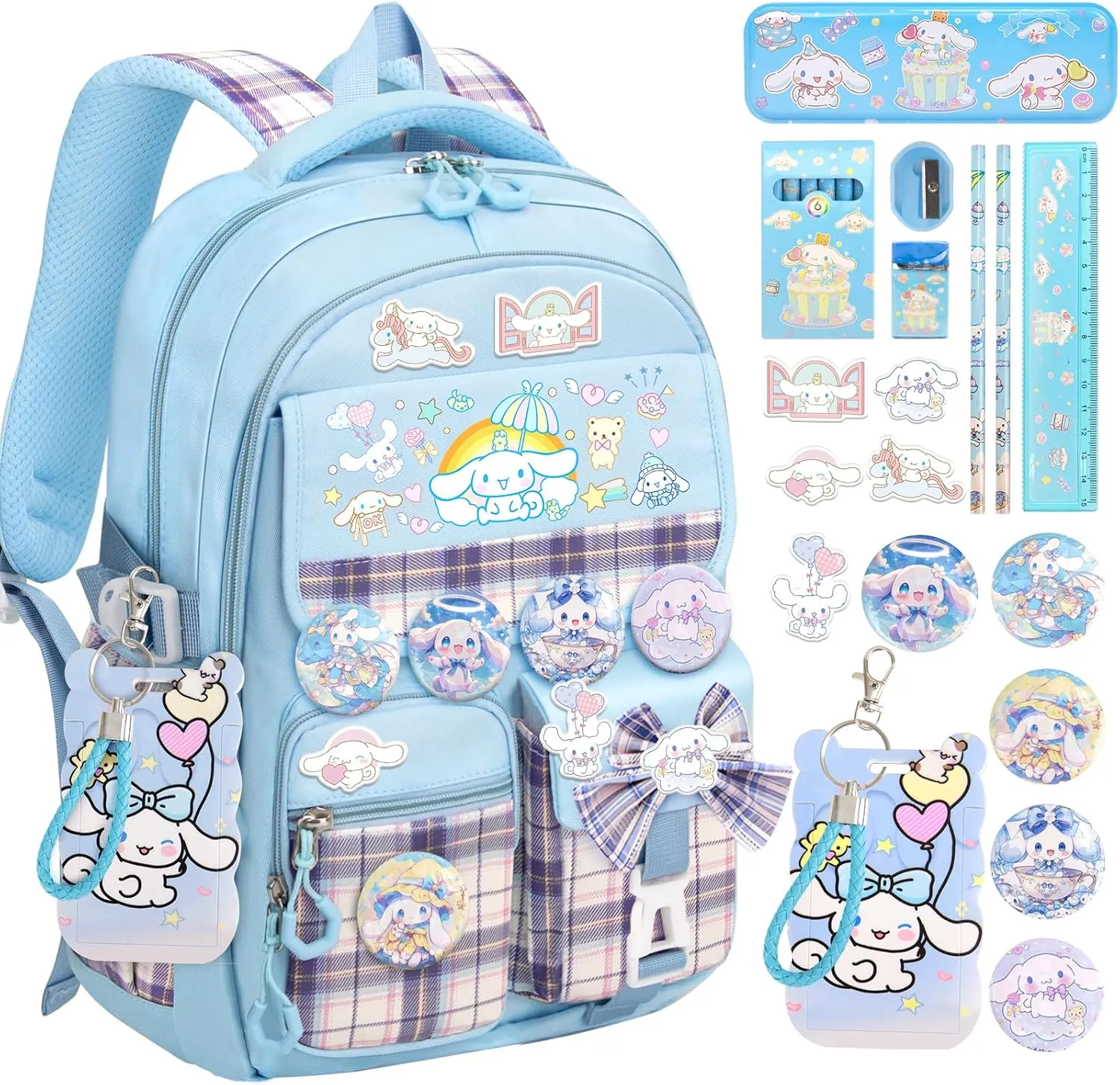 16.5IN Backpack for Girls with 24Pcs Kawaii Accessories, Anime Anti-Theft Schoolbag for Students Aged Between 4-8 Years Old, New Semester Presents with Pins and Card Holder