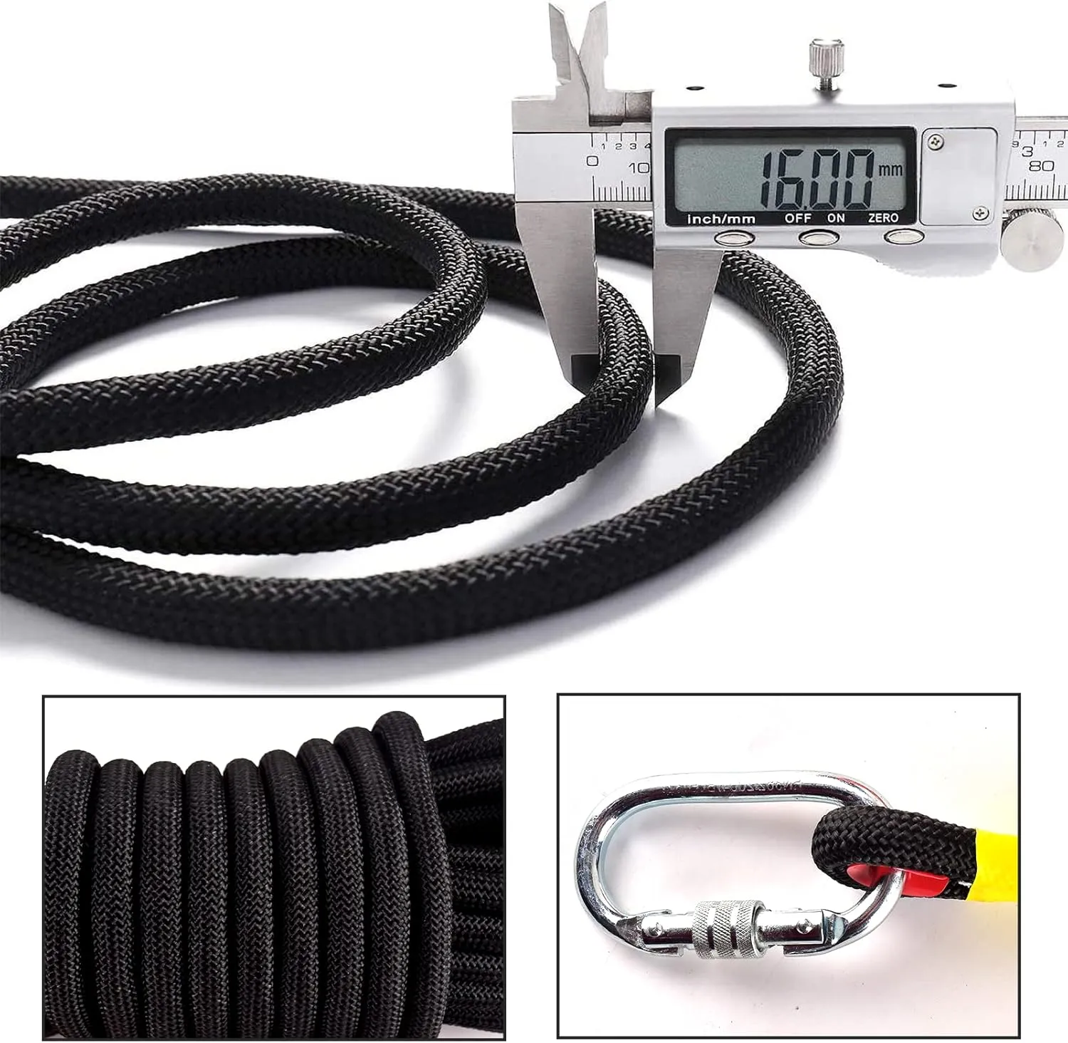 16mm 64Ft/20m Climbing Rope Strong Rope Tree Climbing Gear Static Climbing Rope Arborist Equipment Rock Climbing Heavy Duty Tree Stand Camping Rope Survival Equipment Black