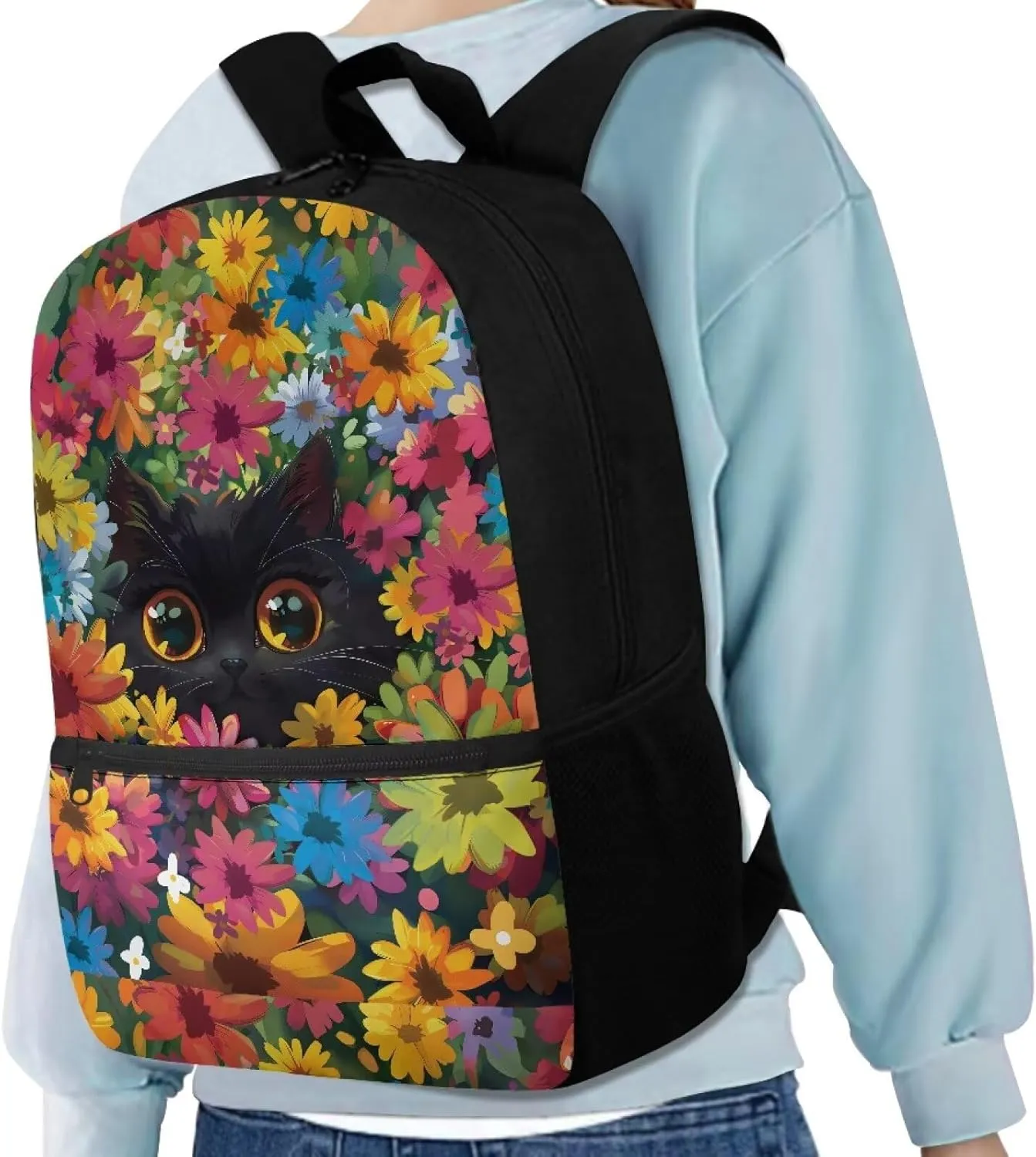 17 Inch School Backpack for Primary Kids,Lightweight Classic Basic Bookbag Big Eyed Cat Large Capacity with Adjustable Buckle Fashionable for Summer Camp Vacation