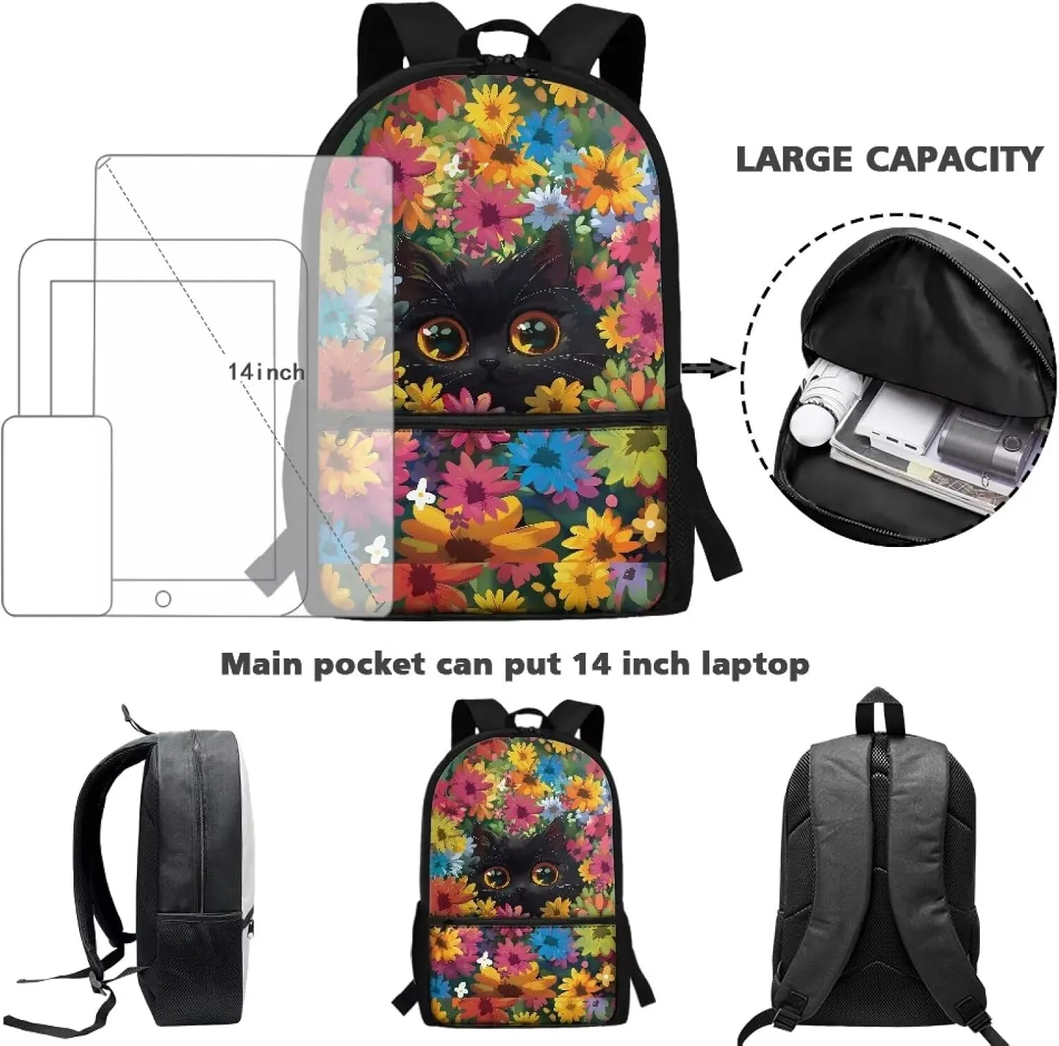 17 Inch School Backpack for Primary Kids,Lightweight Classic Basic Bookbag Big Eyed Cat Large Capacity with Adjustable Buckle Fashionable for Summer Camp Vacation
