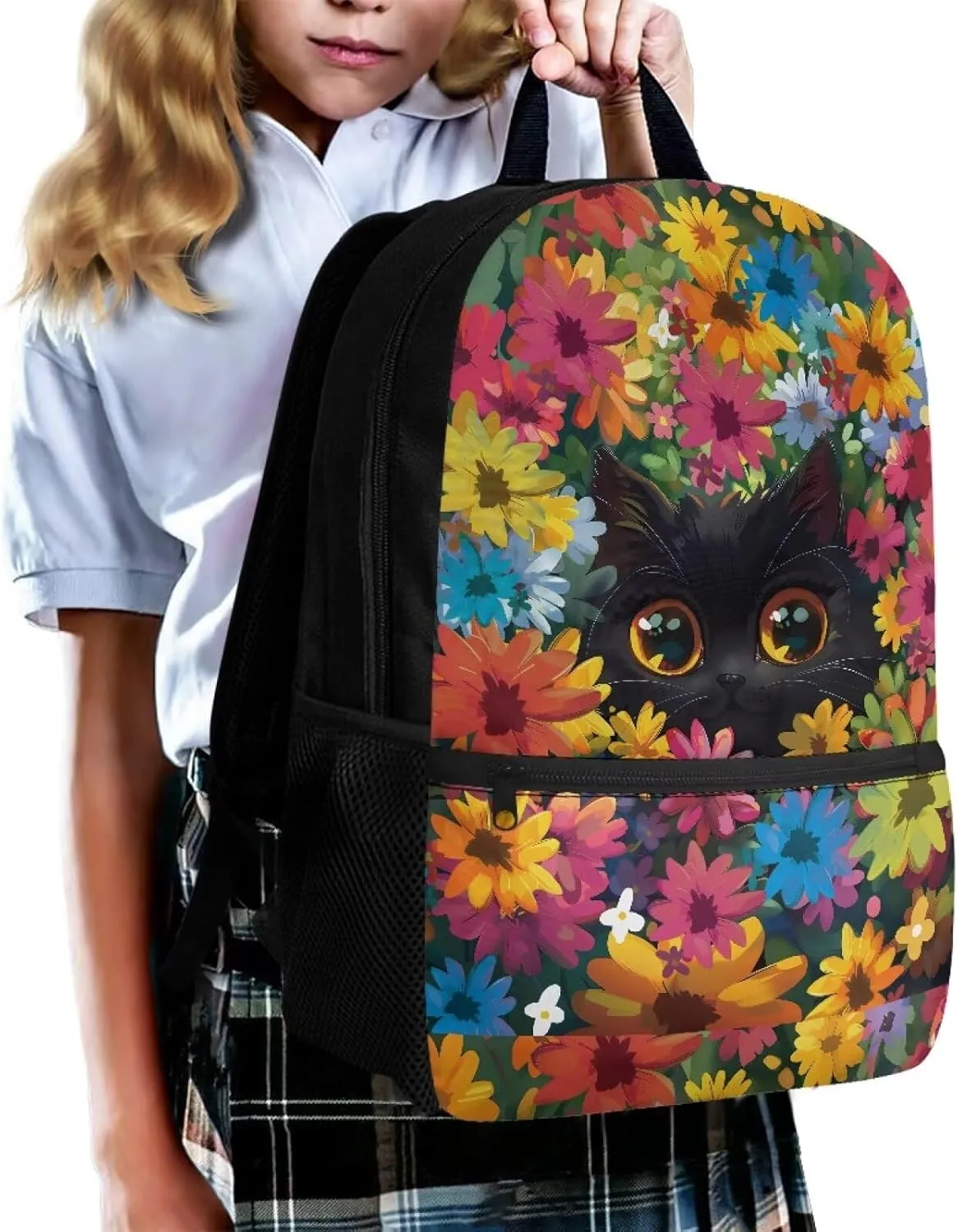 17 Inch School Backpack for Primary Kids,Lightweight Classic Basic Bookbag Big Eyed Cat Large Capacity with Adjustable Buckle Fashionable for Summer Camp Vacation