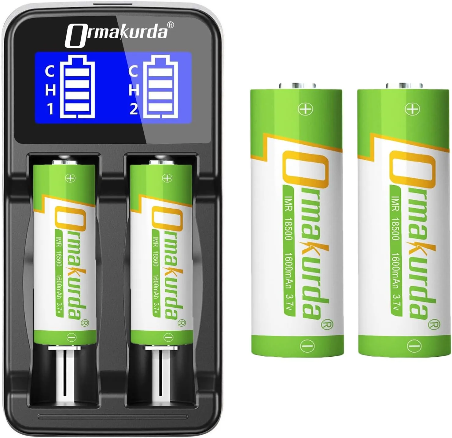 18500 Rechargeable Battery with Charger, 4 Pack 18500 Rechargeable Li-ion Battery 1600mAh 3.7V with Button Top (for Flashlight, Solar Garden Light)