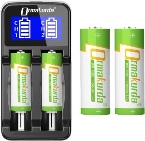 18500 Rechargeable Battery with Charger, 4 Pack 18500 Rechargeable Li-ion Battery 1600mAh 3.7V with Button Top (for Flashlight, Solar Garden Light)