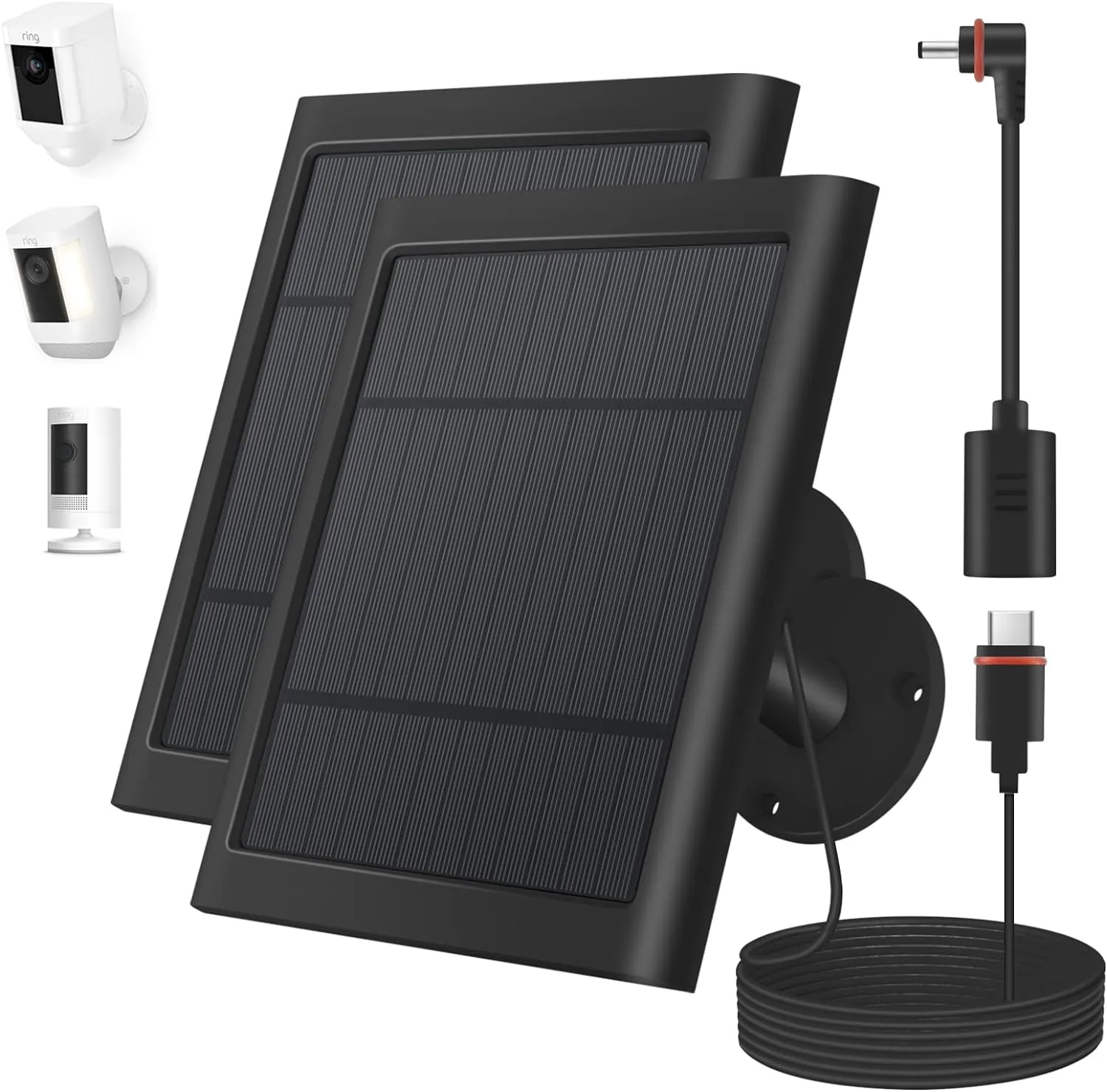2 Pack 4W Solar Charger for Ring Spotlight & Stick Up Outdoor Cam, Black, High Efficiency, 10FT/3M Long Cable with USB-C to Ring Barrel Plug Adapter