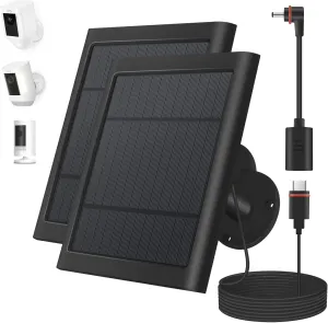 2 Pack 4W Solar Charger for Ring Spotlight & Stick Up Outdoor Cam, Black, High Efficiency, 10FT/3M Long Cable with USB-C to Ring Barrel Plug Adapter