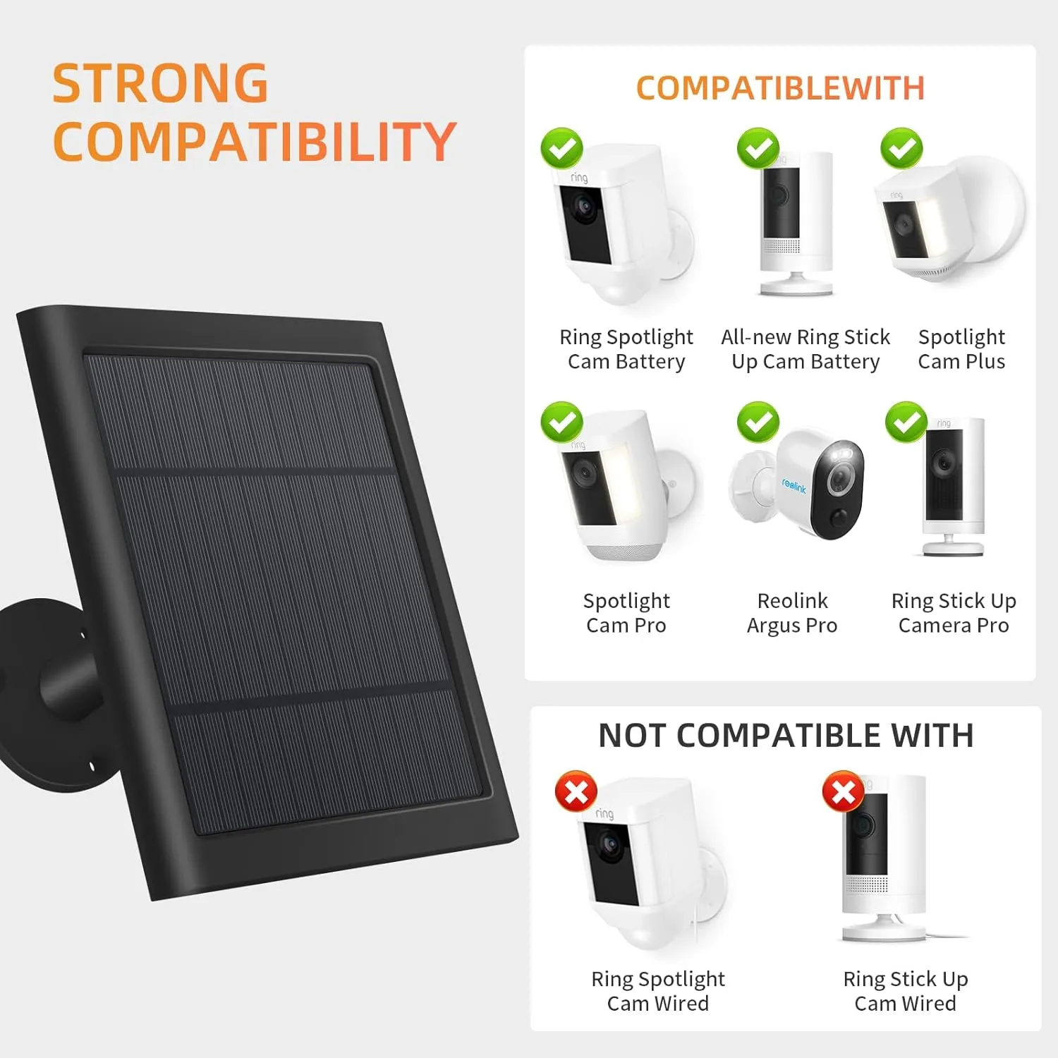 2 Pack 4W Solar Charger for Ring Spotlight & Stick Up Outdoor Cam, Black, High Efficiency, 10FT/3M Long Cable with USB-C to Ring Barrel Plug Adapter
