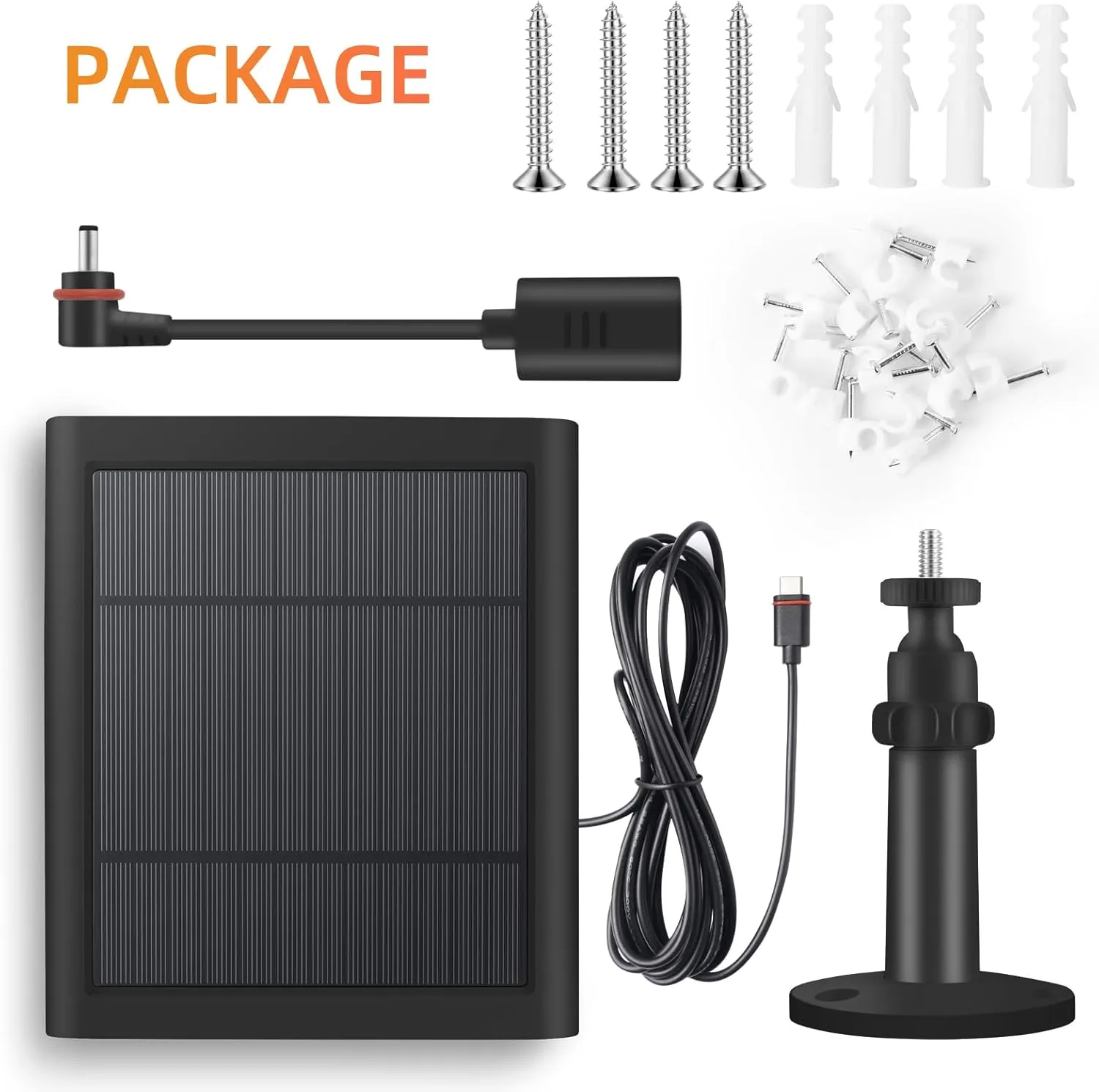 2 Pack 4W Solar Charger for Ring Spotlight & Stick Up Outdoor Cam, Black, High Efficiency, 10FT/3M Long Cable with USB-C to Ring Barrel Plug Adapter