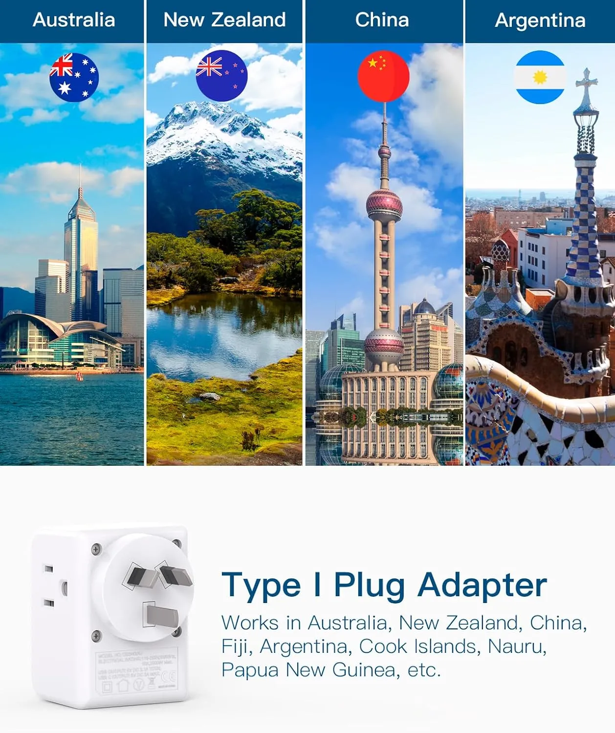 2 Pack Australia New Zealand Power Plug Adapter, Australia Travel Adapter with 3 American Outlets 3 USB Charging Ports (1 USB C), Type I Plug Adapter for US to Australia, Argentina, China
