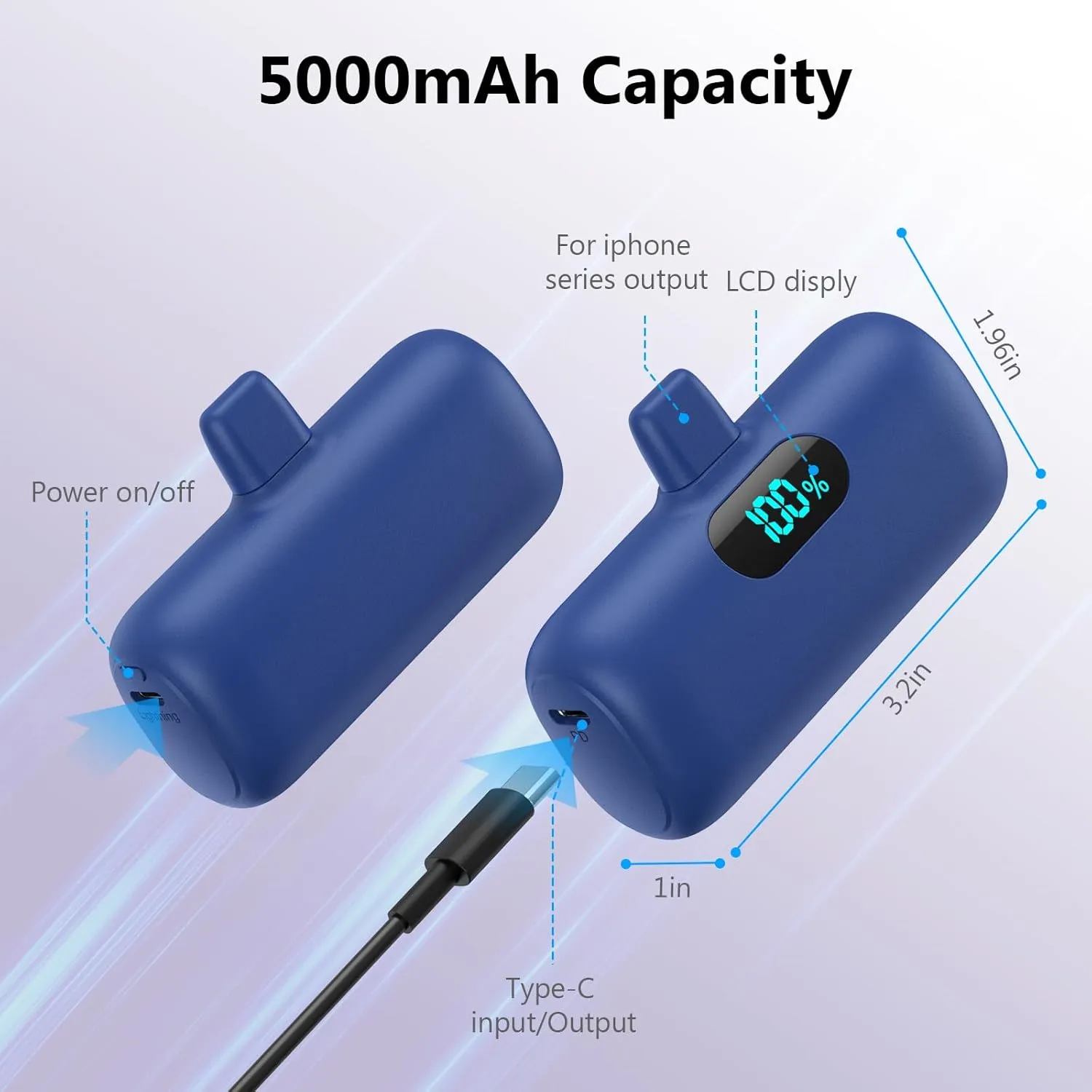 [2 Pack] Mini Portable Charger 5000mAh,Ultra-Compact 15W PD Fast Charging Power Bank,LCD Display Cute Battery Pack Backup Charger Compatible with iPhone 14/14 Pro Max/13/13 Pro/12/11/8-Blue Purple