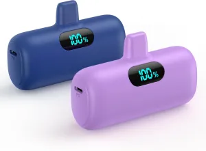 [2 Pack] Mini Portable Charger 5000mAh,Ultra-Compact 15W PD Fast Charging Power Bank,LCD Display Cute Battery Pack Backup Charger Compatible with iPhone 14/14 Pro Max/13/13 Pro/12/11/8-Blue Purple