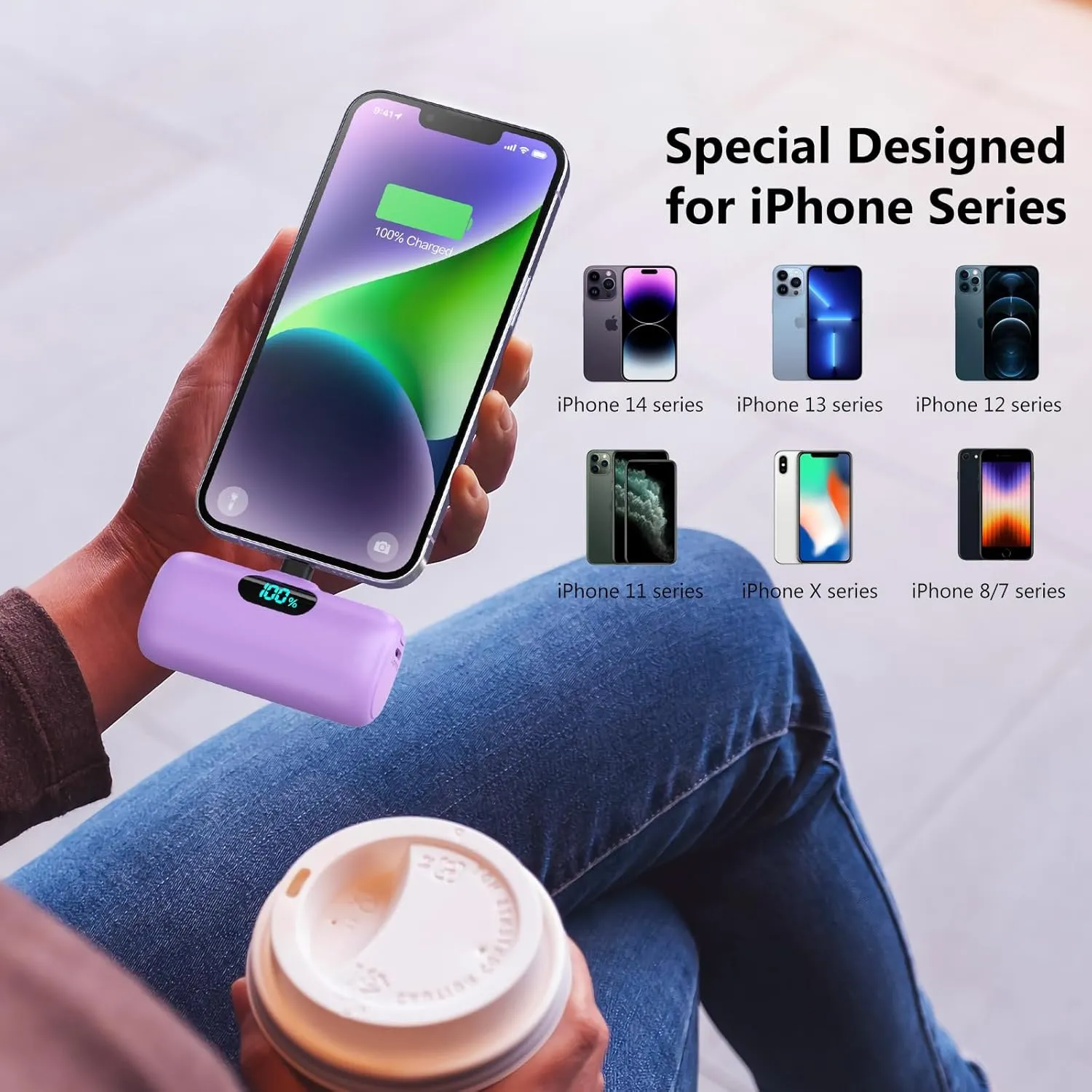[2 Pack] Mini Portable Charger 5000mAh,Ultra-Compact 15W PD Fast Charging Power Bank,LCD Display Cute Battery Pack Backup Charger Compatible with iPhone 14/14 Pro Max/13/13 Pro/12/11/8-Blue Purple