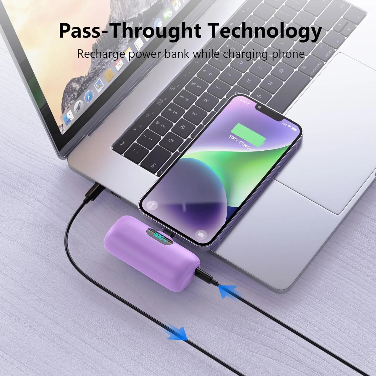 [2 Pack] Mini Portable Charger 5000mAh,Ultra-Compact 15W PD Fast Charging Power Bank,LCD Display Cute Battery Pack Backup Charger Compatible with iPhone 14/14 Pro Max/13/13 Pro/12/11/8-Blue Purple