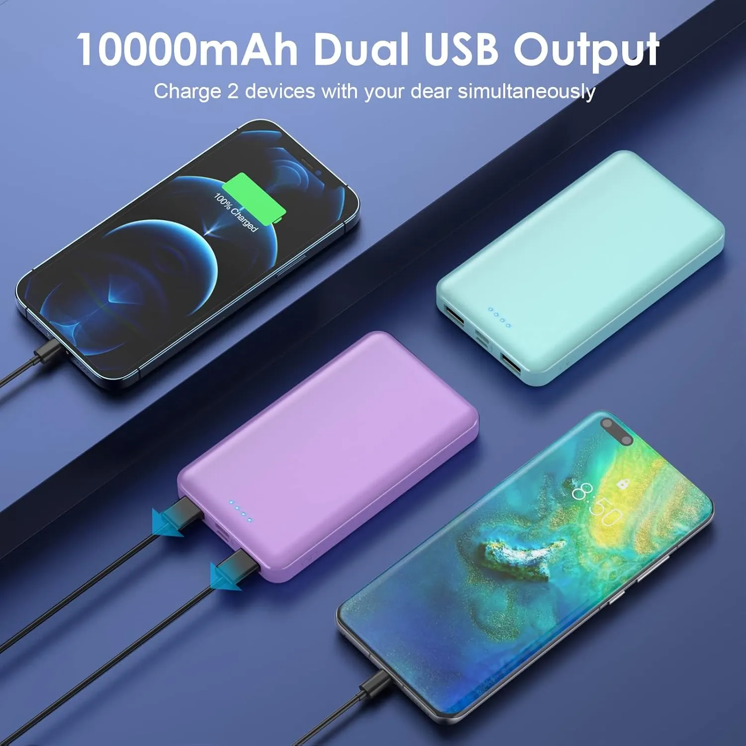 [2 Pack] Portable Charger Power Bank 10000mAh,Ultra Slim Compact External Battery Pack with USB C Input & Dual USB Outputs Backup Charger Compatible with iPhone 13,12, Samsung S20,Tablet-Green Purple
