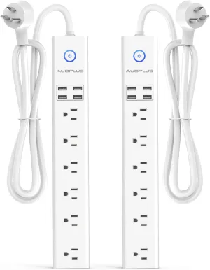 2 Pack Power Strip Surge Protector Flat Plug - 6 Widely Spaced Outlets 4 USB Charging Ports, 2100J/10A with 6Ft Long Extension Cord, Overload Surge Protection, Wall Mount for Home Office